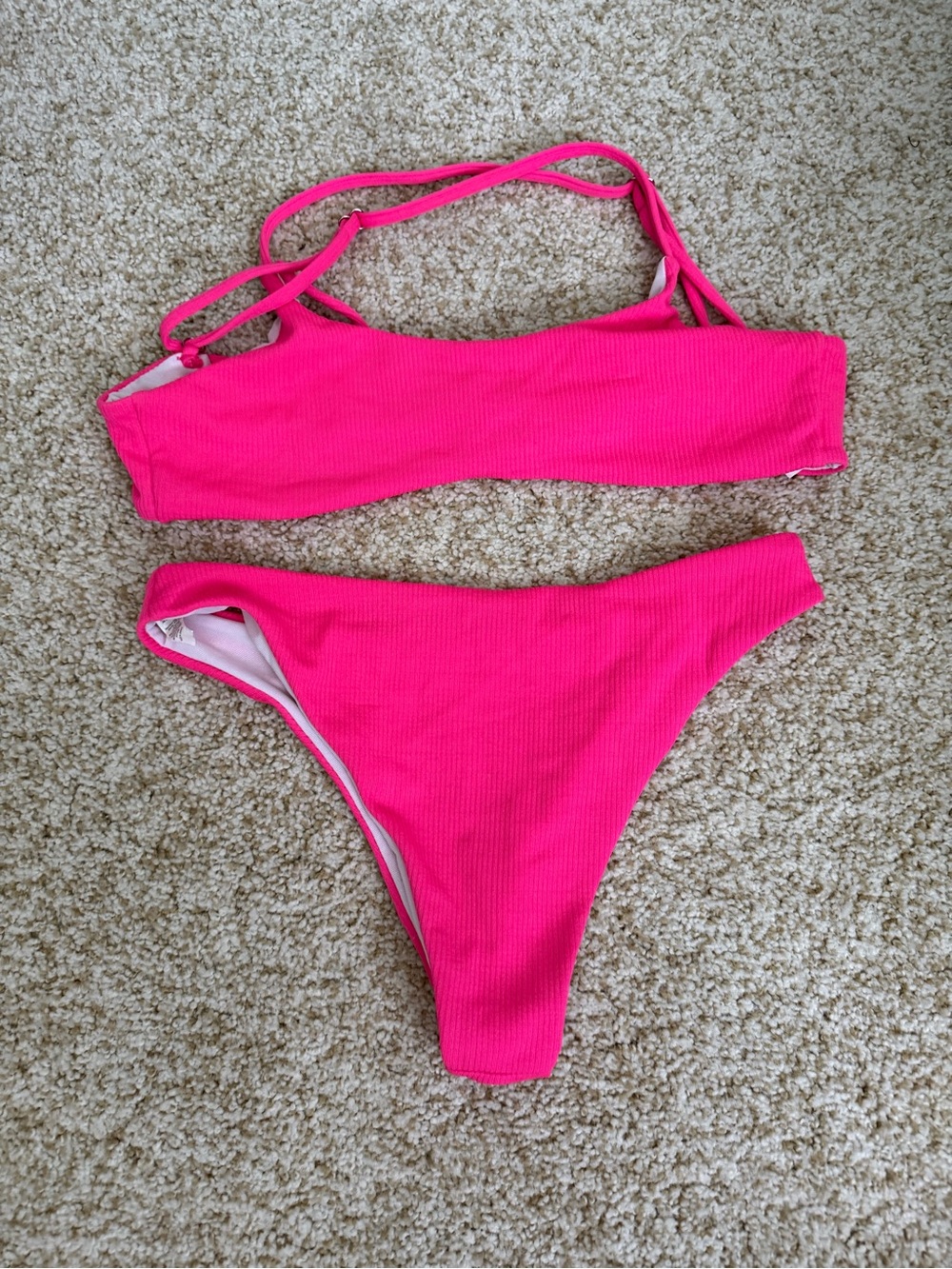 Neon Pink Ribbed Bikini Set Size S Strappy Bandeau High Cut Swim